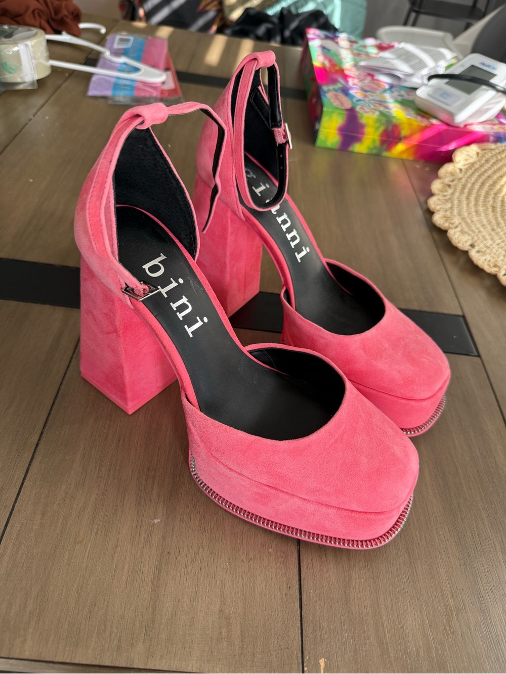 Gianni bini Pink Suede Platform Block Heel Sandals with Ankle Strap